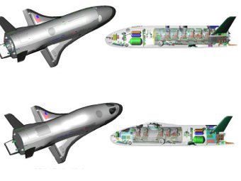 Два пилотируемых варианта X-37. Сверху - без иллюминаторов, снизу - с иллюминаторами. Иллюстрация AIAA/Grantz/Boeing